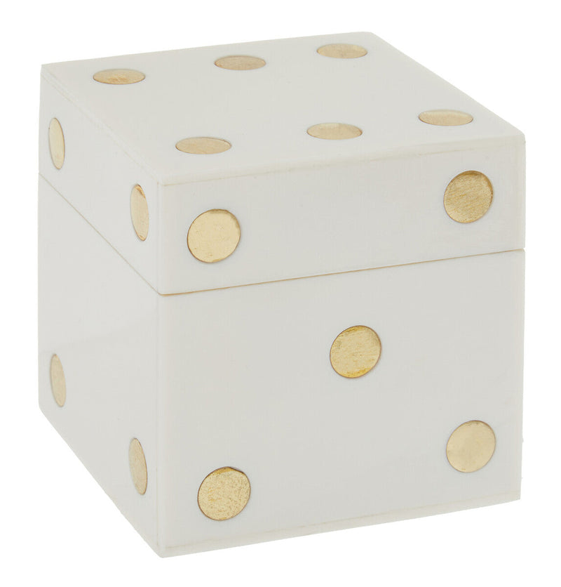 Churchill Games White and Gold Dice Box with Five White Dice, side angle