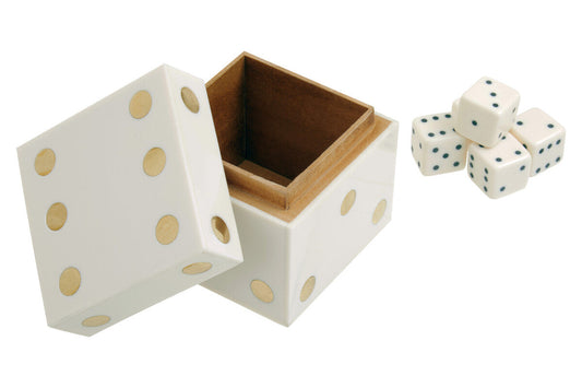 Churchill Games White and Gold Dice Box with Five White Dice, alternate view