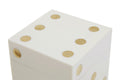 Churchill Games White and Gold Dice Box with Five White Dice, close-up detail