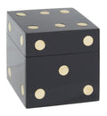 Churchill Games Black and Gold Dice Box with 5 Black Dice, side angle