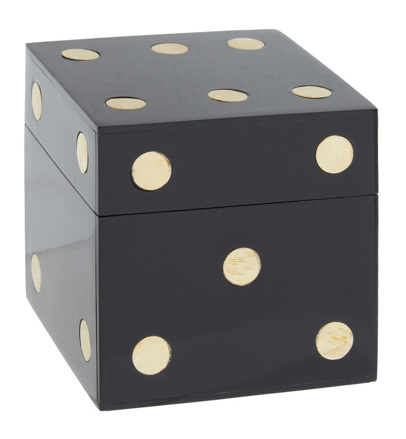 Churchill Games Black and Gold Dice Box with 5 Black Dice, side angle