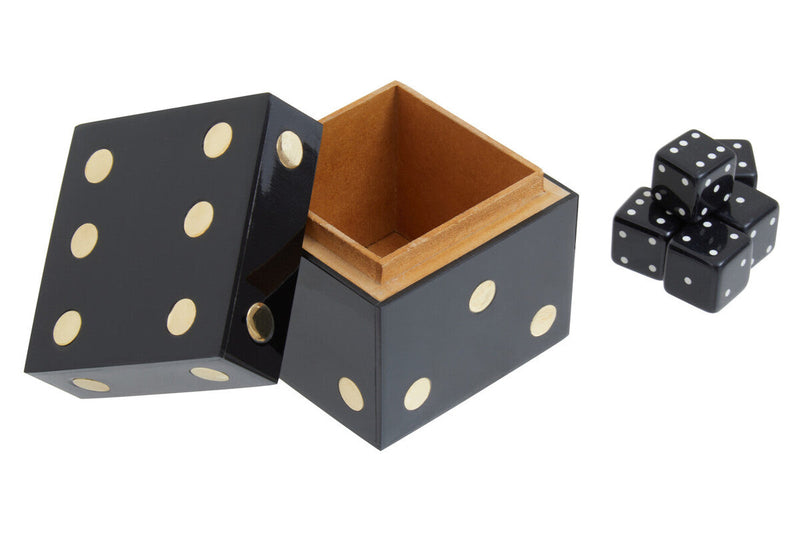 Churchill Games Black and Gold Dice Box with 5 Black Dice, alternate view