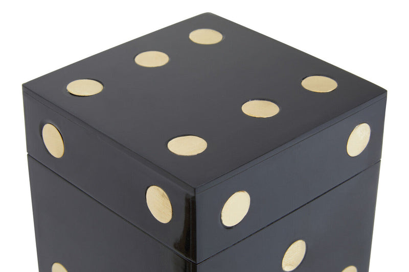 Churchill Games Black and Gold Dice Box with 5 Black Dice, close-up detail