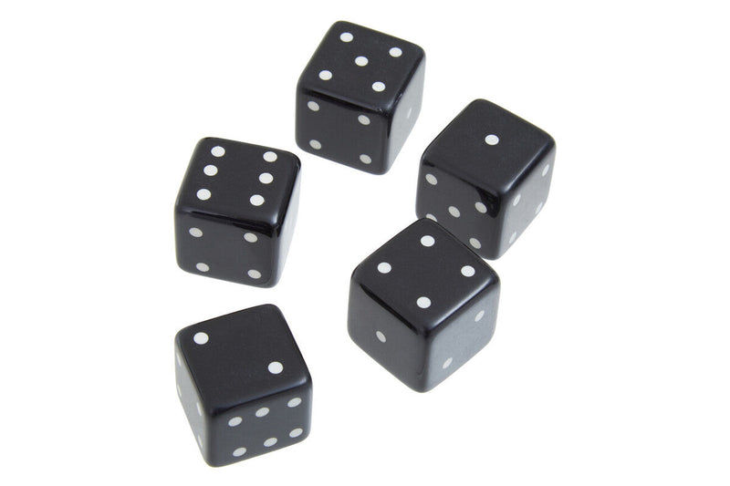 Churchill Games Black and Gold Dice Box with 5 Black Dice, rear view