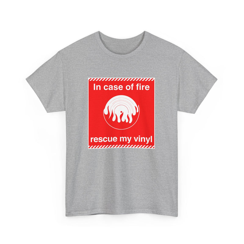 'In Case of Fire, Save My Vinyl' T-Shirt, size reference