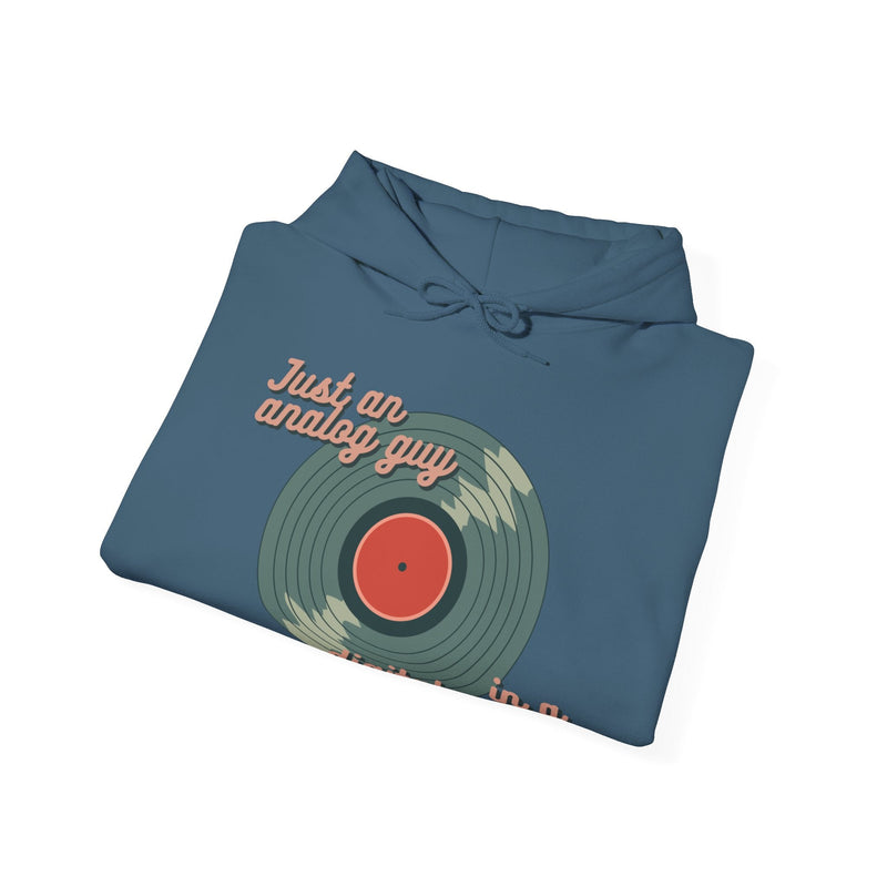 'Just an Analog Guy in a Digital World' Hooded Sweatshirt, close-up detail