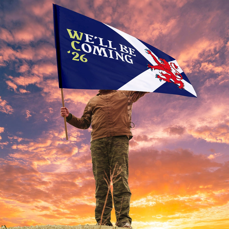Scotland - We'll Be Coming Lion Flag with Sleeve - WC26 - 4 Sizes!, side angle