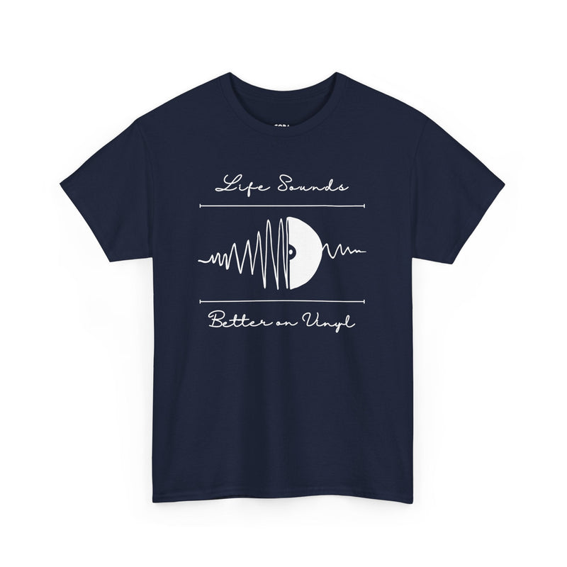 'Life Sounds Better on Vinyl' Men's T-Shirt, size reference