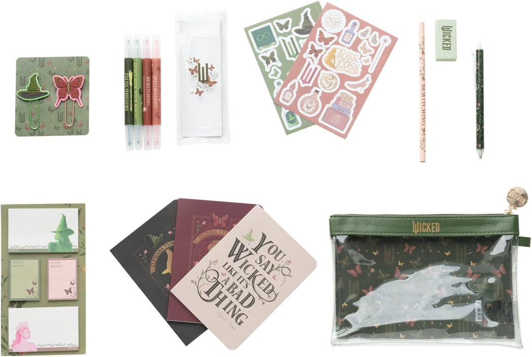 Grupo Erik Stationery Set - Wicked Merchandise | Pencil Case with A6 Notebooks, Highlighters, Sticky Notes, Paper Clips, Stickers, Pen, Pencil | Wicked Gifts, Cute Stationery Gifts