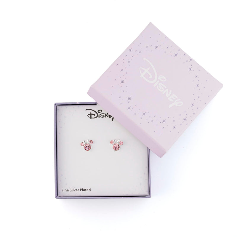 Disney Minnie Mouse Silver Plated Pink Crystal Stud Earrings, in display