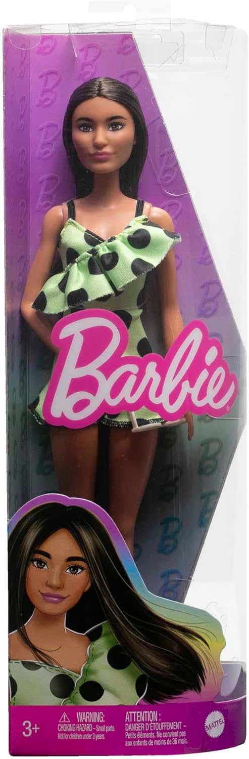 Barbie Brunette with Polka Dot Romper Doll, packaging shot