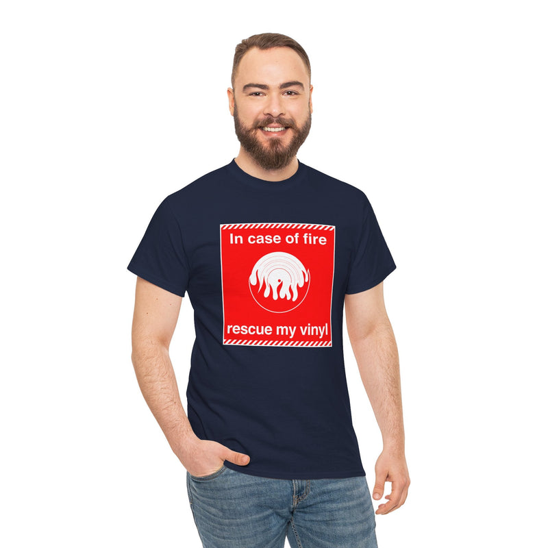 'In Case of Fire, Save My Vinyl' T-Shirt, size reference