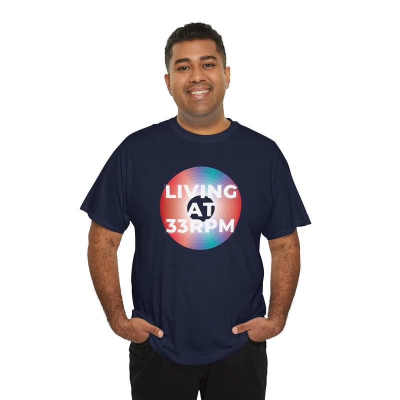 'Living at 33rpm' Men's Vinyl T-Shirt, rear view