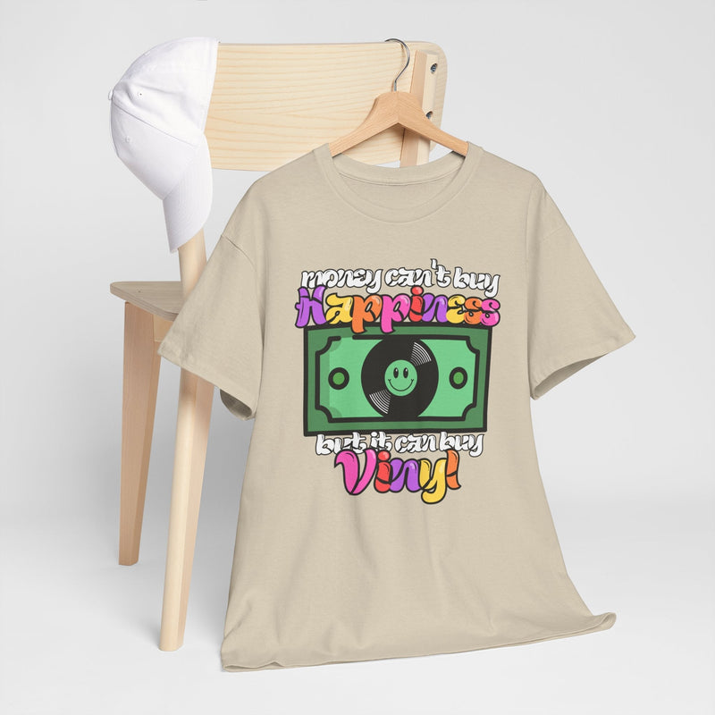 'Money can't buy happiness' Men's Vinyl T-Shirt, size reference
