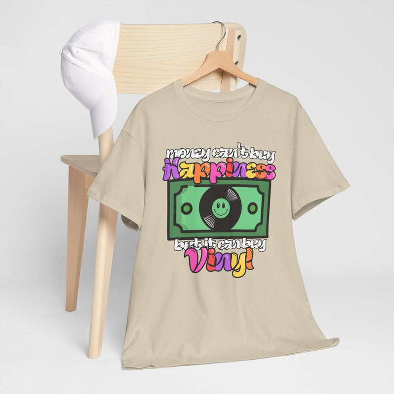 'Money can't buy happiness' Men's Vinyl T-Shirt, size reference