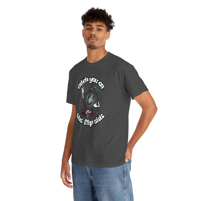 'Catch You On The Flip Side' Men's Vinyl T-Shirt, showing reverse