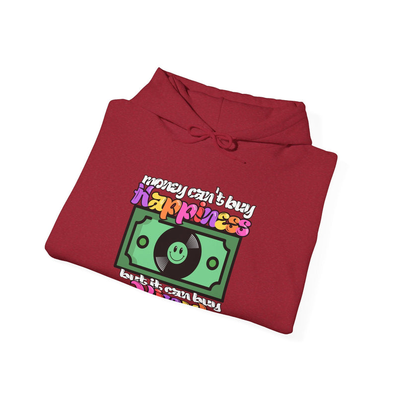 'Money Can't Buy Happiness, But It Can Buy Vinyl' Men's Hoodie, close-up detail