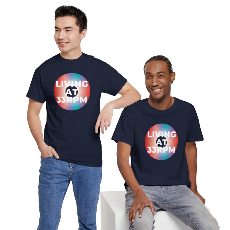 'Living at 33rpm' Men's Vinyl T-Shirt, in display