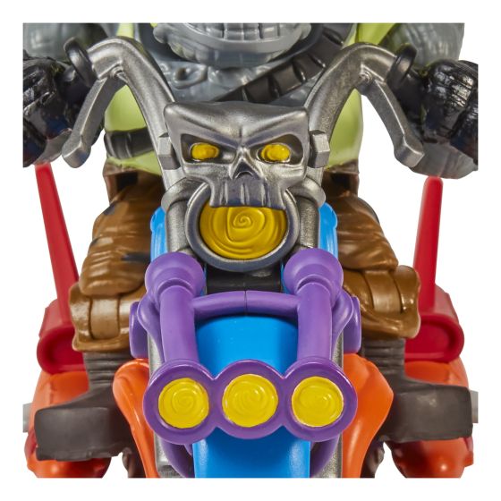 TMNT Mutant Mayhem Rocksteady Chopper Cycle With Figure, in display