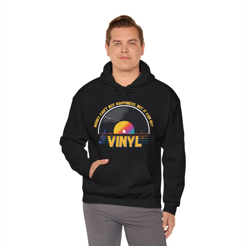 'Money Can't Buy Happiness, But It Can Buy Vinyl' Men's Hoodie, in display