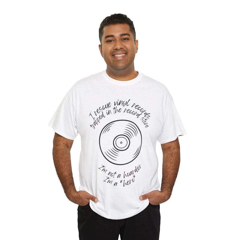 'I'm Not a Hoarder, I'm a Hero' Men's Vinyl T-Shirt, close-up detail