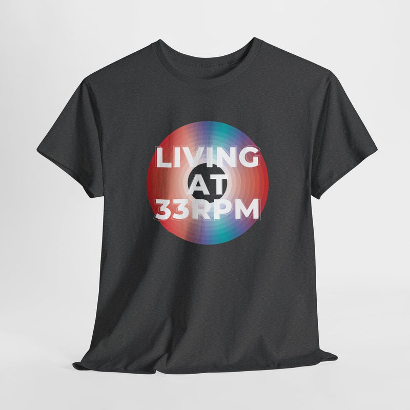 'Living at 33rpm' Men's Vinyl T-Shirt, showing reverse