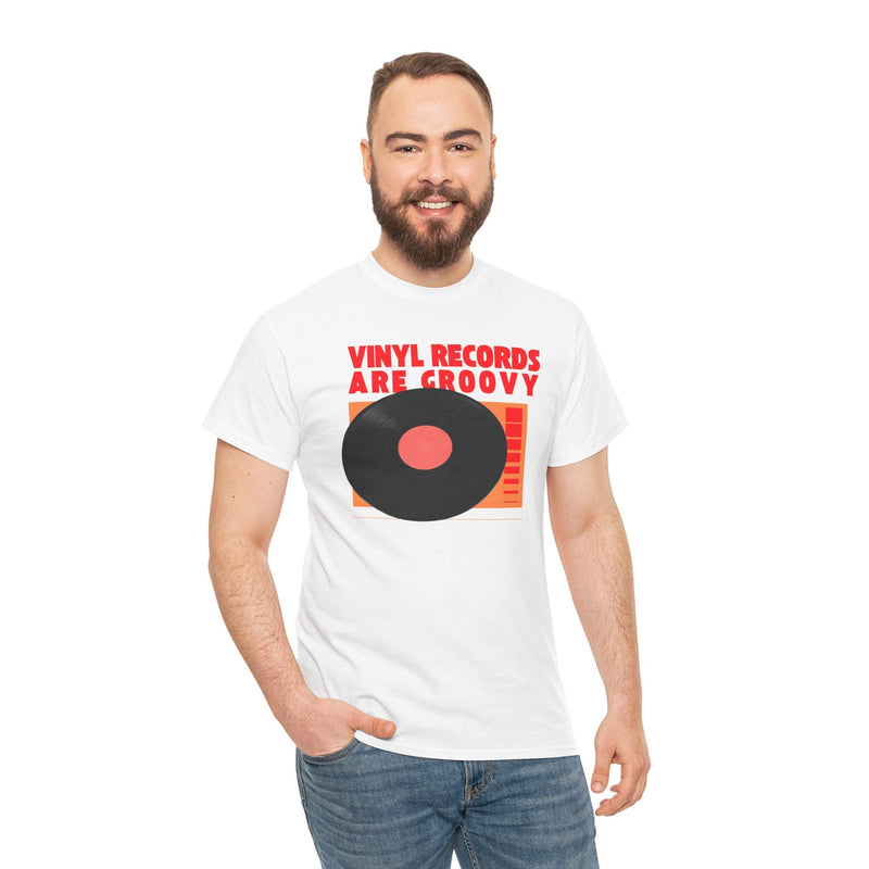 'Vinyl Records Are Groovy' Bold T-Shirt, showing reverse