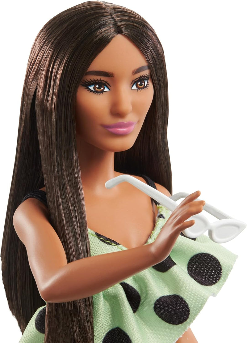Barbie Brunette with Polka Dot Romper Doll, side angle