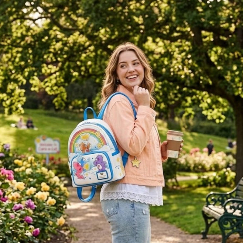 Loungefly Care Bears Rainbow Mini Backpack, side angle