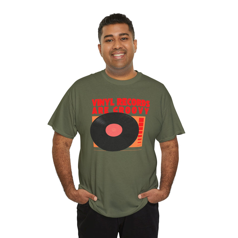 'Vinyl Records Are Groovy' Bold T-Shirt, showing reverse