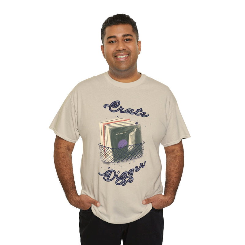 'Crate Digger' Vinyl Records Men's T-Shirt, close-up detail