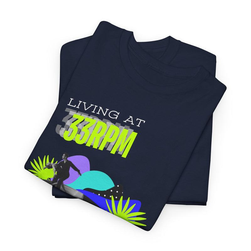 'Living at 33rpm' Flouro Men's T-Shirt, showing reverse