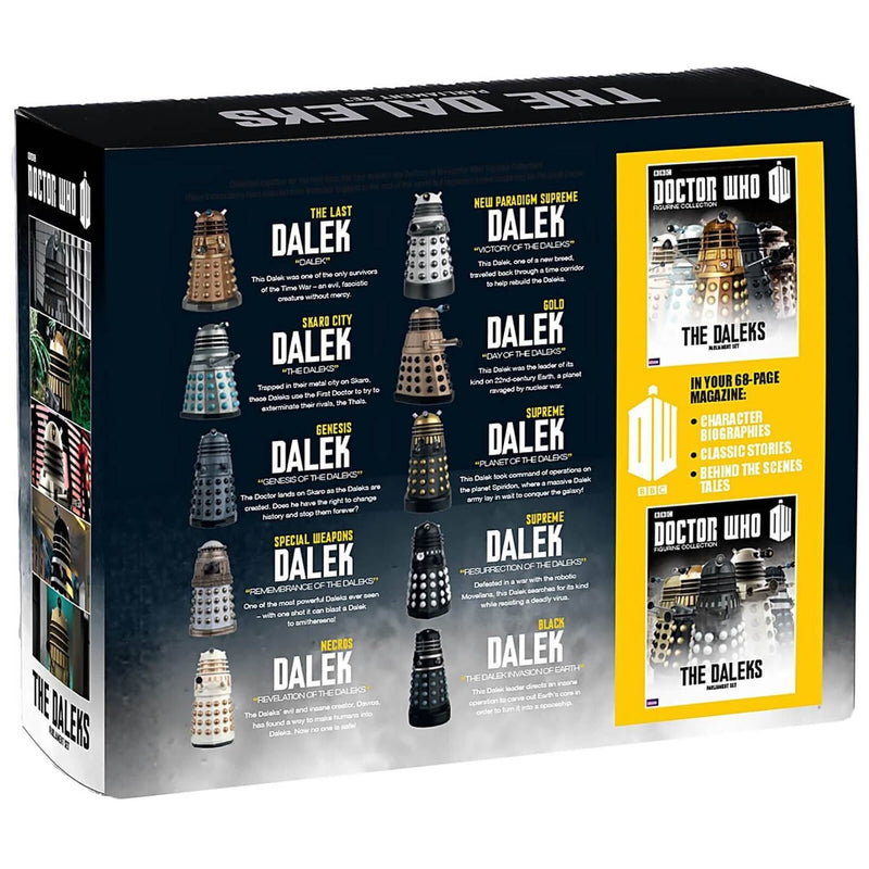 Doctor Who THE DALEKS PARLIAMENT SET - 10 Classic Dalek Figures Box Set + Magazine DWSUK002, in display
