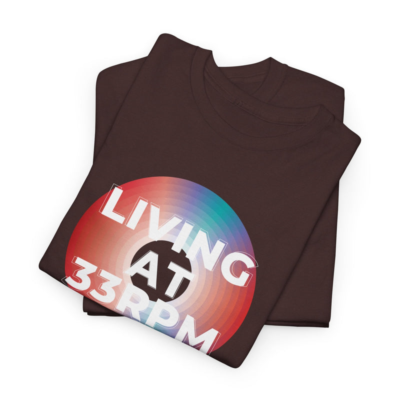 'Living at 33rpm' Men's Vinyl T-Shirt, showing reverse