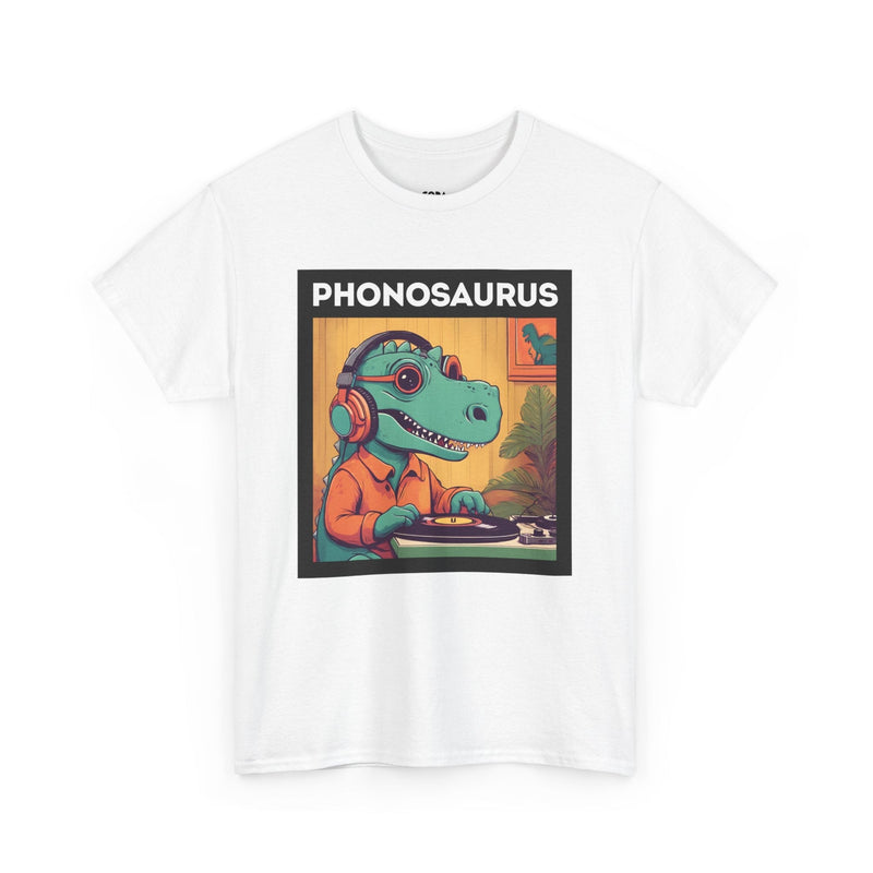 'Phonosaurus' Men's Vinyl T-Shirt, size reference