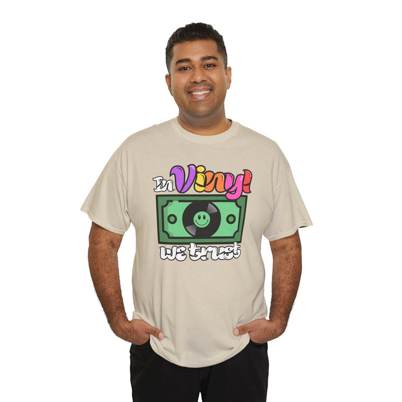 'In Vinyl We Trust' Men's T-Shirt, showing reverse
