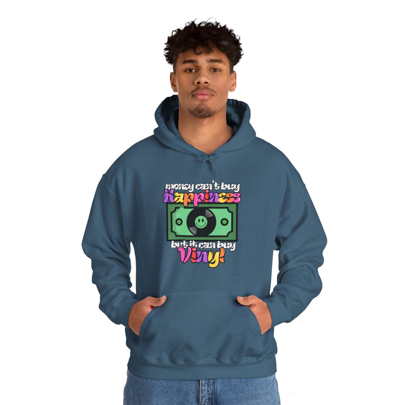 'Money Can't Buy Happiness, But It Can Buy Vinyl' Men's Hoodie, close-up detail