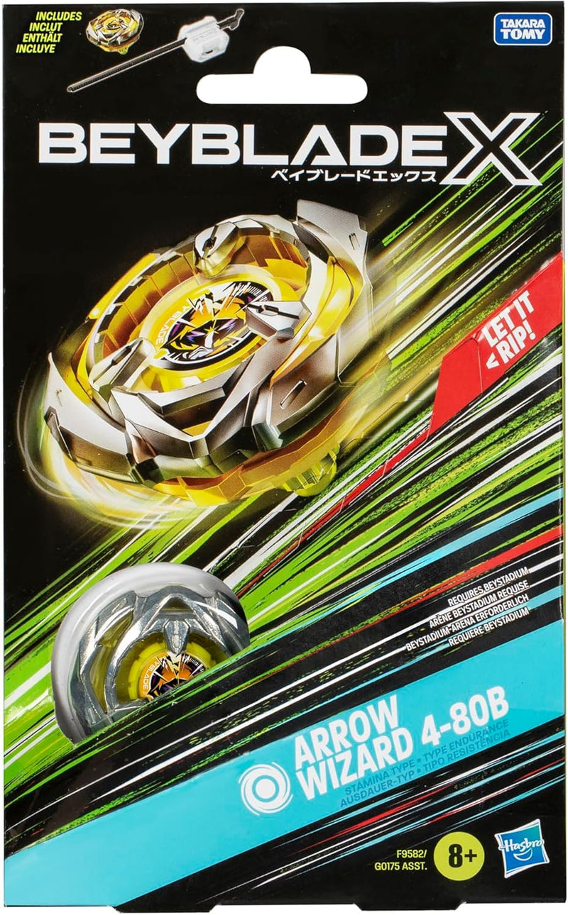 Beyblade X Arrow Wizard 4-80B Starter Pack Top and Launcher, close-up detail