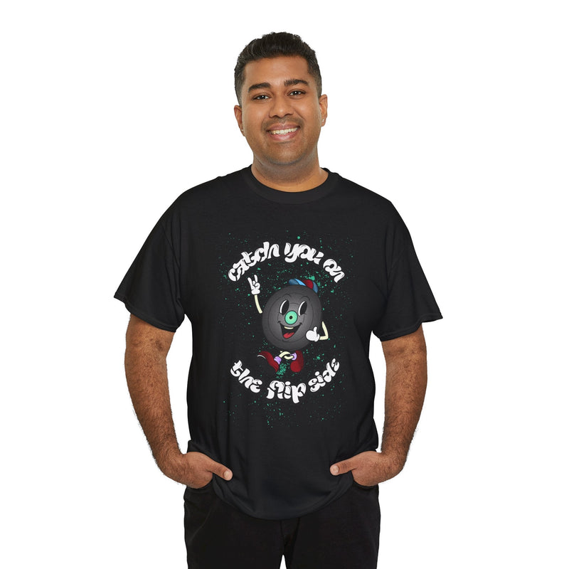 'Catch You On The Flip Side' Men's Vinyl T-Shirt, close-up detail