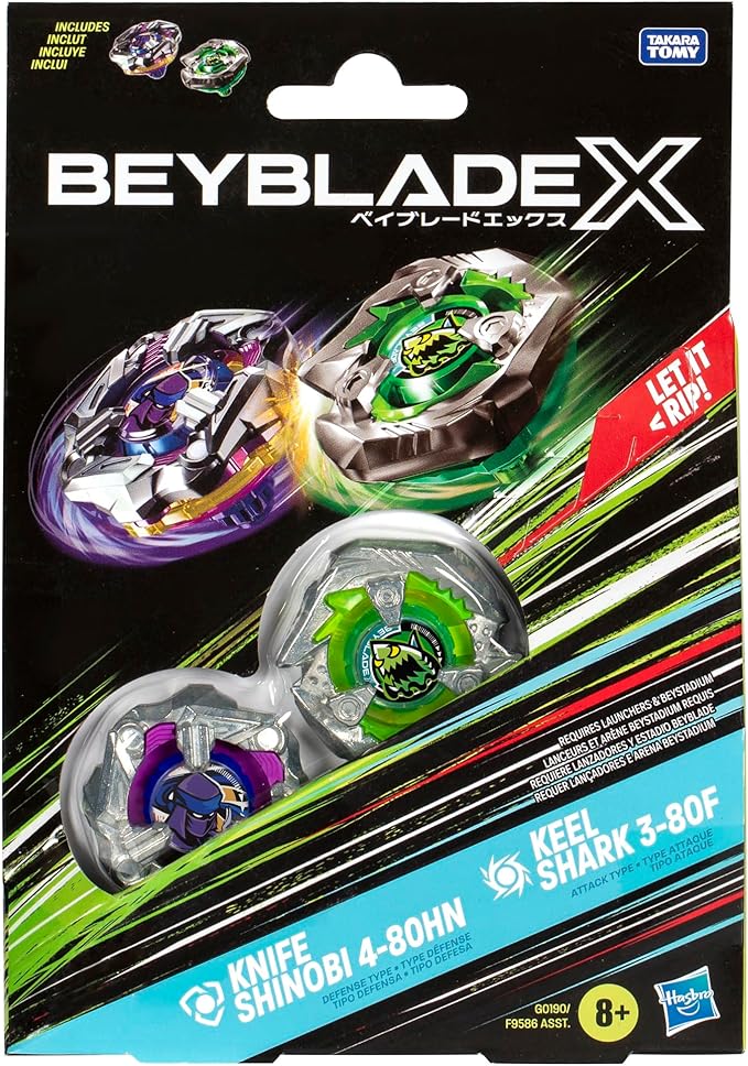 Beyblade X Knife Shinobi 4-80HN and Keel Shark 3-80F Top Dual Pack Set, side angle