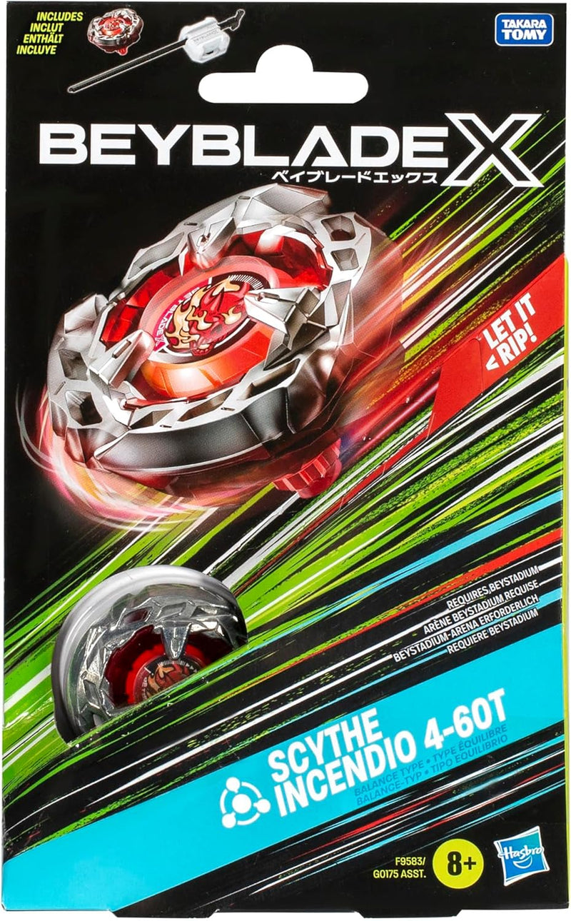 Beyblade X Scythe Incendio 4-60T Starter Pack Top and Launcher, close-up detail