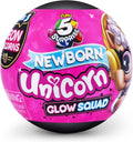 5 Surprise Unicorn Squad Series 6 Newborn Glow Squad, in display
