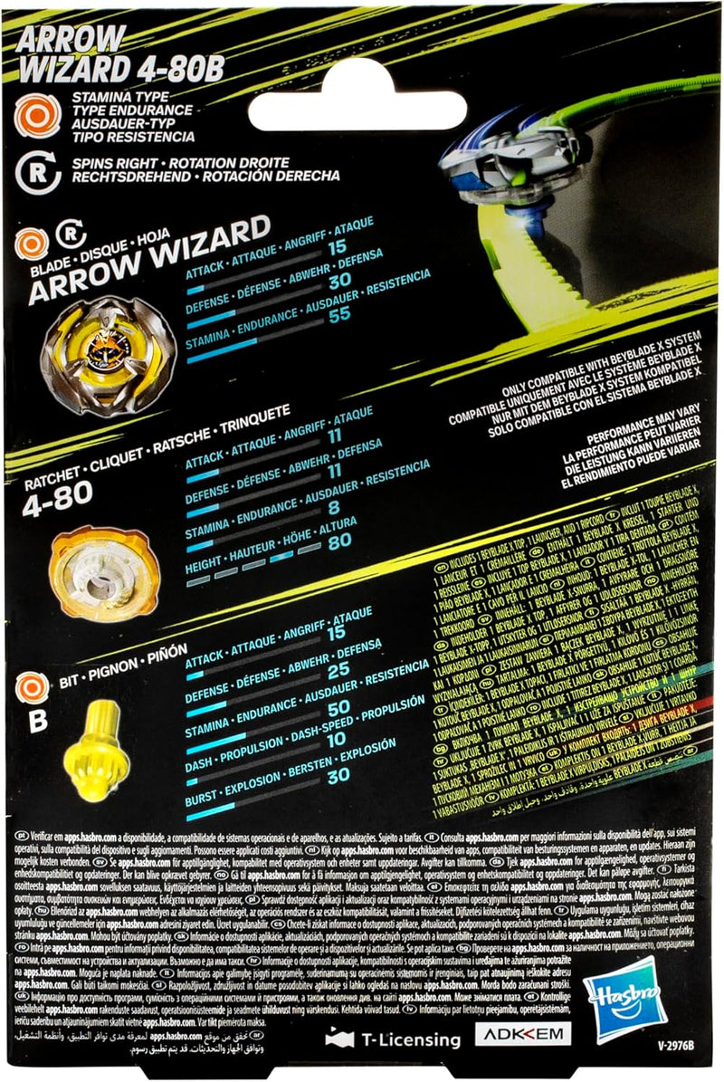 Beyblade X Arrow Wizard 4-80B Starter Pack Top and Launcher, rear view
