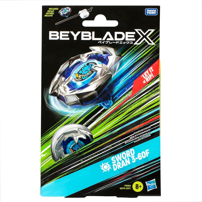 Beyblade X Sword Dran 3-60F Starter Pack Top and Launcher, close-up detail