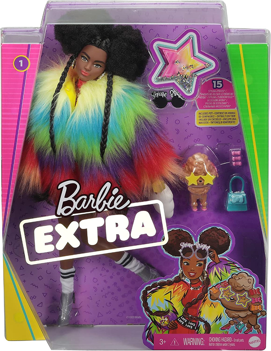 Barbie Extra Doll in Rainbow Coat with Pet Dog