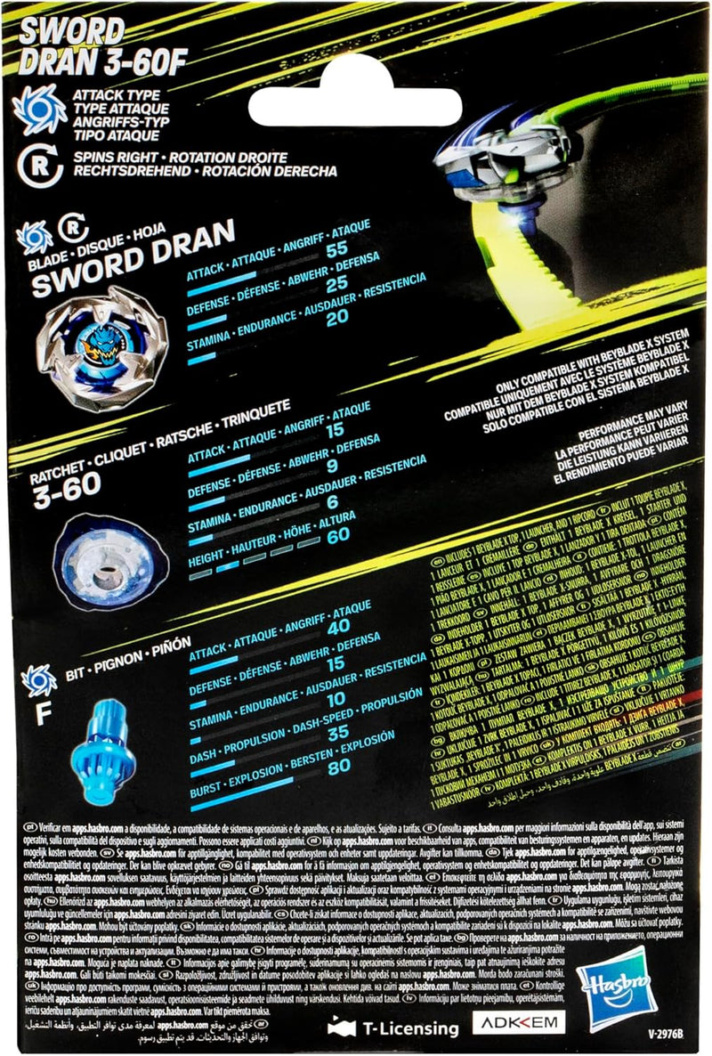 Beyblade X Sword Dran 3-60F Starter Pack Top and Launcher, rear view