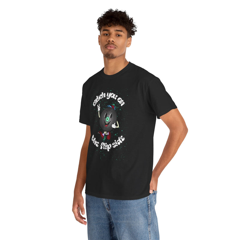 'Catch You On The Flip Side' Men's Vinyl T-Shirt, side angle