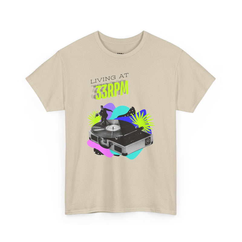 'Living at 33rpm' Flouro Men's T-Shirt, in display