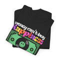 'Money can't buy happiness' Men's Vinyl T-Shirt, close-up detail