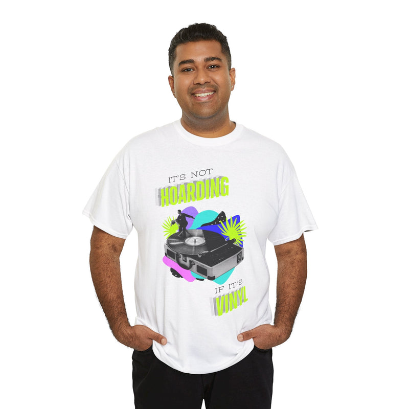 'It's Not Hoarding If It's Vinyl' Flouro Men's T-Shirt, size reference